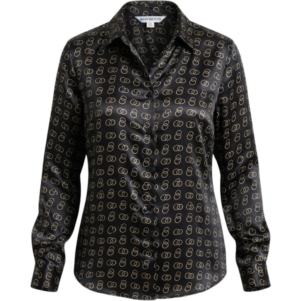 August Max Woman Silk Blouse 14W Black Interlocking Ring Jacquard Vintage